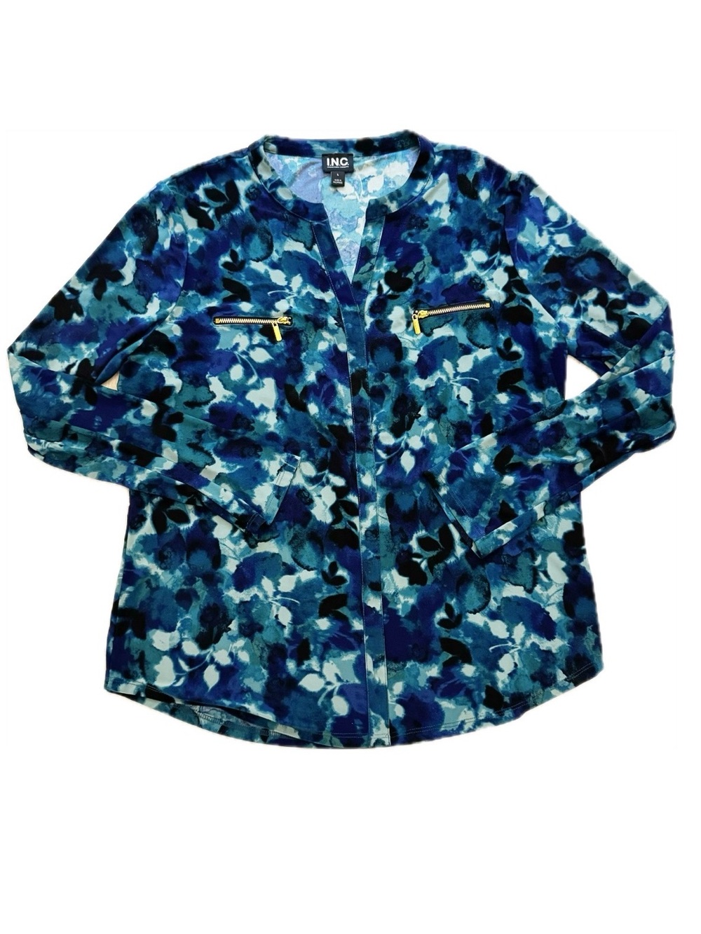 INC International Concepts Blue Print Zip-Pocket Shirt